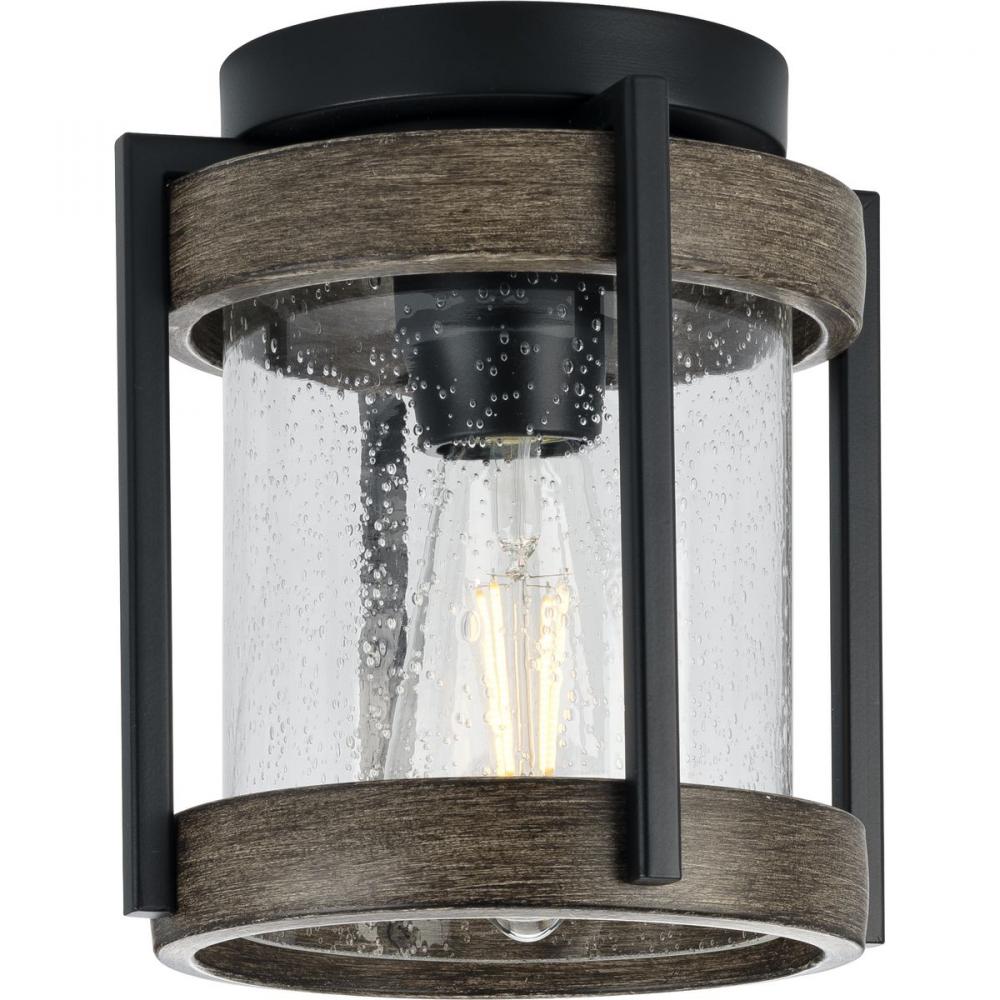 Whitmire Collection One-Light Matte Black with Aged Oak Accents Clear Seeded Glass Farmhouse Outdoor