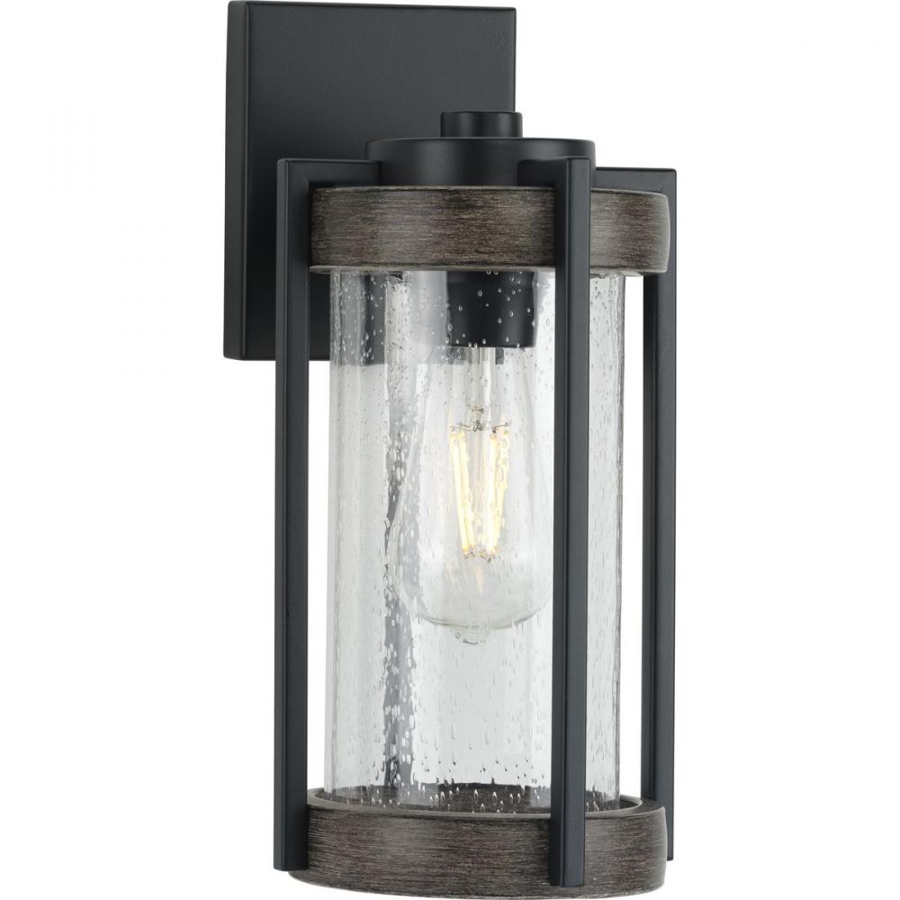 Whitmire Collection One-Light Matte Black with Aged Oak Accents Clear Seeded Glass Farmhouse Outdoor