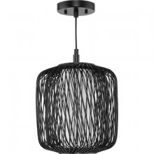 Progress P500395-202 - Cordova Collection One-Light Black Rattan Organic Modern Mini-Pendant with White Linen Shade