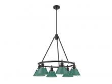 Golden 3306-6 BLK-GN - Orwell 6-Light Chandelier in Matte Black with Pine Green